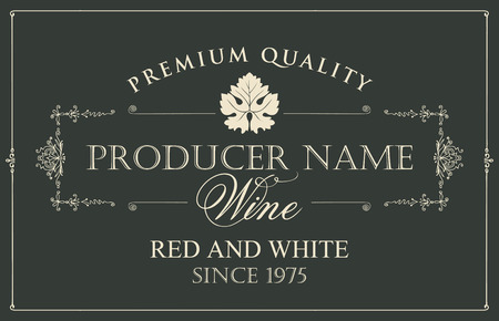 Vector wine label with vine leaf and calligraphic inscriptions in retro style on black backgroundのイラスト素材