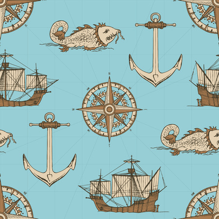 Vector abstract seamless background on the theme of travel, adventure and discovery. Old caravels, vintage sailing yachts, wind roses, anchors and giant catfishes in retro style on blue backgroundのイラスト素材