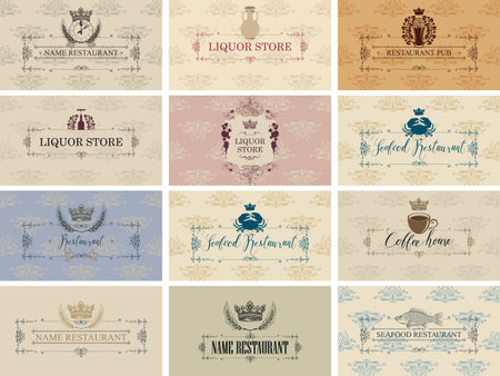 Vector set of business cards on the theme of food and drink for restaurant, seafood restaurant, coffee house, liquor store and pub in baroque style on ornate background with floral pattern.のイラスト素材