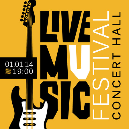Vector banner or poster for live music festival with acoustic guitar in retro style on black and yellow colorsのイラスト素材