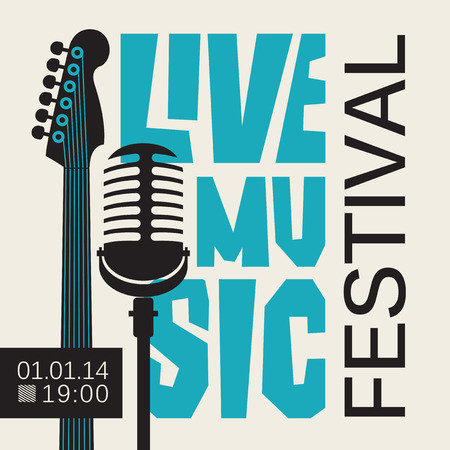 Vector poster or banner for live music festival with neck of acoustic guitar and microphone in retro styleのイラスト素材