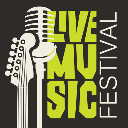 Vector poster or banner for live music festival with neck of acoustic guitar and microphone in retro styleのイラスト素材