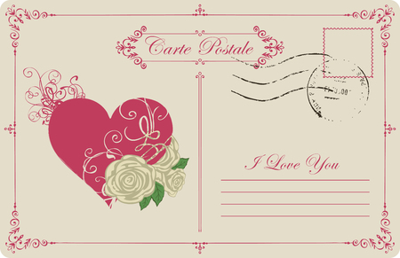 Retro postcard on the theme of declaration of love with red heart and white roses. Romantic vector card in vintage style with calligraphic inscription I love you and place for textのイラスト素材