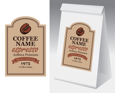 Paper packaging with label for coffee beans. Vector label for coffee in figured frame with coffee bean and inscription Espresso and paper 3d package with this label.のイラスト素材