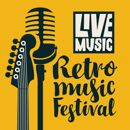 Vector poster or banner for festival of live retro music with neck of acoustic guitar and a microphone in retro style and with calligraphy lettering