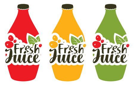 Vector banner with set bottle, green leaves and inscription fresh juiceのイラスト素材
