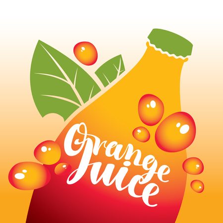 Vector banner with bottle with green leaves and inscription orange juice and dropsのイラスト素材