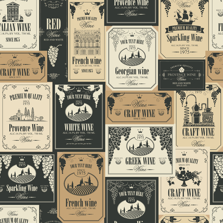 Vector seamless pattern on the theme of wine with various wine labels with images of grapes, landscapes, winery, castles, sailboats, fruits and other in retro styleのイラスト素材
