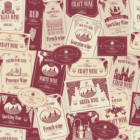 Vector seamless pattern on the theme of wine with various wine labels with images of grapes, landscapes, winery, castles, sailboats, fruits and other in retro styleのイラスト素材