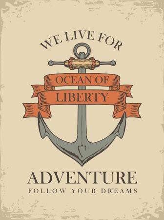Vector banner with a ship anchor and ribbons with words Ocean of liberty. Illustration on the theme of travel, adventure and discovery on old paper background in retro styleのイラスト素材