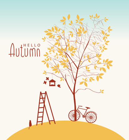 Vector banner with inscription Hello Autumn. Fall landscape with yellowed tree, bike, cat, birds, birdhouse and ladderのイラスト素材
