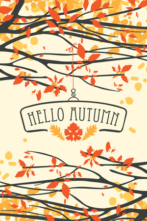 Vector banner with the words Hello autumn. Autumn illustration with autumn leaves on the branches of trees in a Park or forestのイラスト素材