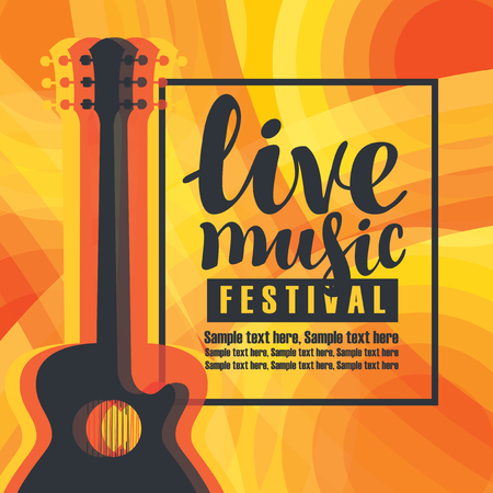 Vector music poster for festival or concert of live music with guitar on the colored background with place for textのイラスト素材