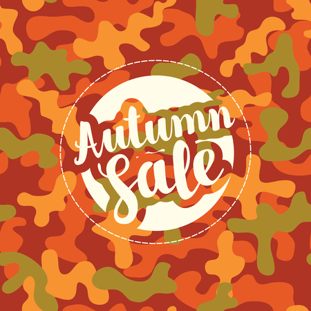Vector banner with inscription Autumn sale on a stitched round patch and autumn leaf on a camouflage background. Can be used for flyers, banners or postersのイラスト素材