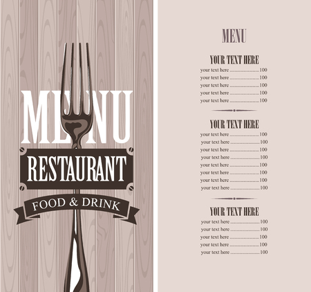 Vector template menu for restaurant with price list and realistic fork on wooden background in retro styleのイラスト素材