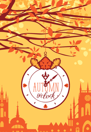 Vector urban landscape in retro style on the fall theme. Autumn landscape with trees in the park and Clock on a background of an old European cityのイラスト素材