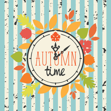 Vector banner with words Autumn time on clock in retro style. Can be used for flyers, banners or posters. Illustration with clock and colorful autumn leaves on the striped backgroundのイラスト素材