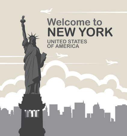 Vector banner with Statue of liberty, flying planes and silhouettes of skyscrapers. Welcome to New York, United States of Americaのイラスト素材