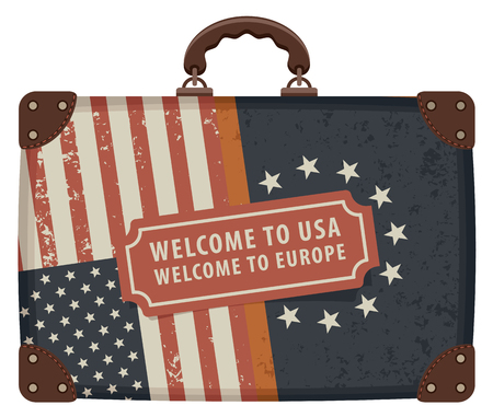 Travel vector banner with a suitcase with flags of America and the European Union in retro style. The inscription Welcome to USA, Welcome to Europeのイラスト素材