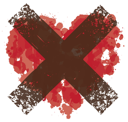 Vector red graphic abstract illustration of crossed-out heart sign with ink blots, brush strokes, drops. Bloody heart and dark cross. T-shirt design templateのイラスト素材
