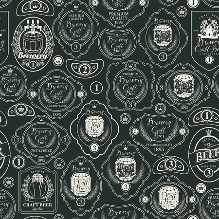 Vector seamless pattern on the theme of beer with various beer labels with images of wooden barrels, ears of barley, beer glasses and other in retro style. Drawing chalk on the blackboardのイラスト素材