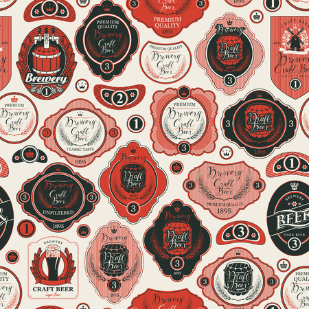 Vector seamless pattern on the theme of beer with various beer labels with images of wooden barrels, ears of barley, beer glasses, mills and other in retro style on light backgroundのイラスト素材