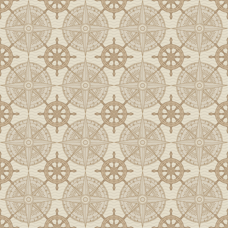 Vector seamless background on the theme of nautical travel, adventure and discovery. Wind roses and steering wheels in retro style on beige background with wavesのイラスト素材
