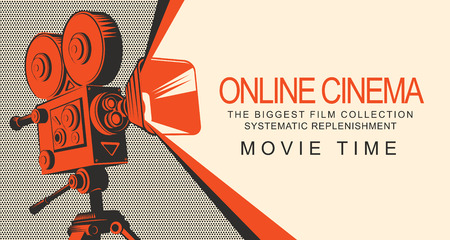 Vector online cinema poster with old fashioned movie projector. Vintage retro movie camera with light. Online cinema concept. Movie time. Can be used for flyer, banner, poster, web page, backgroundのイラスト素材