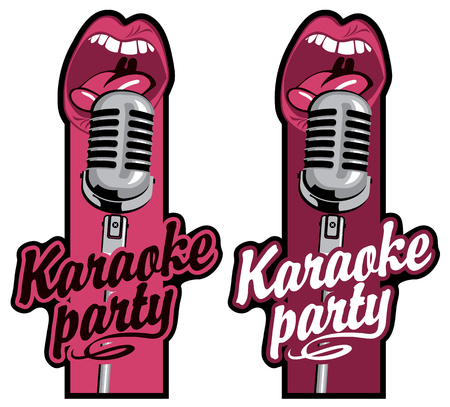 Set of two vector stickers for karaoke party with calligraphic inscription, a microphone and a mouth that singsのイラスト素材