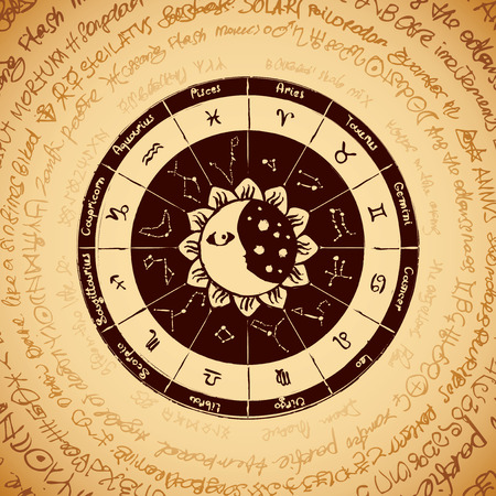 Vector circle of the Zodiac with icons, names, signs, constellations, Sun and Moon on the background of an ancient manuscript in retro styleのイラスト素材