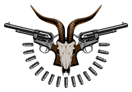 Vector emblem with skull of goat, two old revolvers and bullets. Banner on the theme of death, firearms and pistols. Template for clothing, t-shirt design, tattooのイラスト素材