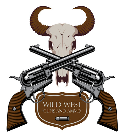 Vector emblem with two old crossed revolvers, bullet and skull of bull with words Wild west, Guns and ammo. Banner on firearms and pistols theme. Design elements for logo, label, signのイラスト素材