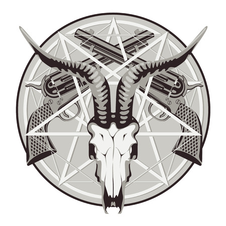 Vector round emblem with a goat skull on the background of pentagram and two old crossed revolvers. Banner on the theme of occultism, death and firearms. Template for clothing, t-shirt design, tattooのイラスト素材