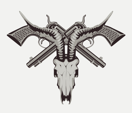 Vector illustration with two old crossed revolvers and skull of goat in detailed realistic style. Banner on the theme of death and firearms. Template for clothing, textiles, t-shirt design.のイラスト素材
