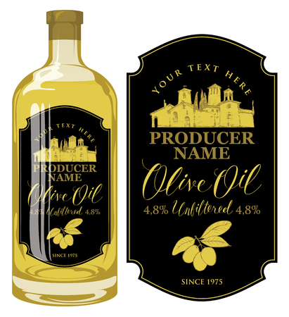 Vector label for unfiltered olive oil with calligraphic handwritten inscription and with rural Italian landscape on the black background in retro style. Template label for olive oil on glass bottleのイラスト素材
