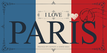Retro postcard with words I love Paris and rubber stamp with Eiffel tower. Vector card in the colors of the French flag in figured frame in vintage styleのイラスト素材
