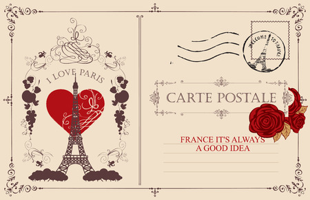 Retro postcard with the famous french Eiffel tower in Paris, France. Vector postcard in vintage style with french landmark, vignette, red heart, postmark and words I love Parisのイラスト素材