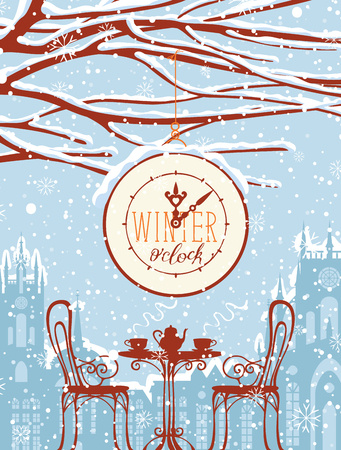 Vector winter banner with with words Winter o'clock on the clock hanging on a snow-covered tree. Open-air cafe with hot tea on the table on the background of the old European town.のイラスト素材