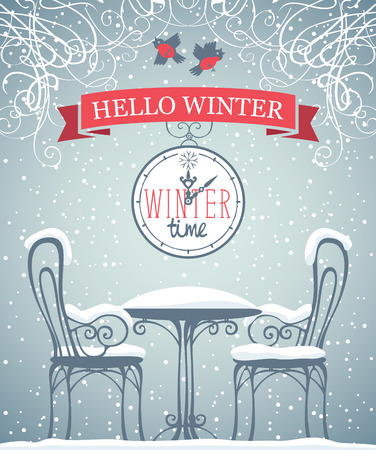 Vector banner with words Winter time on the clock and words Hello winter on the red ribbon in retro style. Illustration with clock and snow-covered open-air cafe on the grey background with snowflakesのイラスト素材