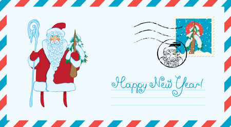 Vector envelope on the theme of Merry Christmas and Happy New year with a postage stamp and a postmark. Cartoon image of Santa Claus with magic staff, Christmas tree and inscription Happy New year.のイラスト素材