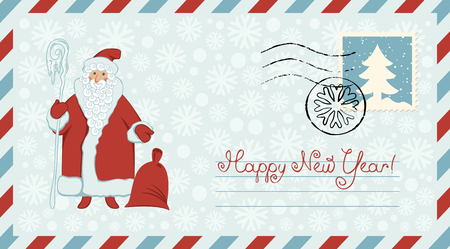 Vector envelope on the theme of Christmas and New year with postage stamp and postmark. Cartoon image of Santa Claus with magic staff, gift bag and inscription Happy New year on snowflakes background.のイラスト素材