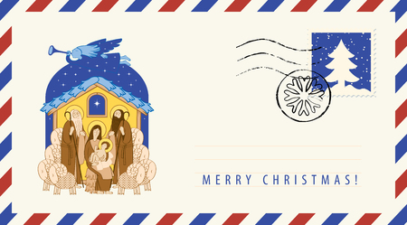 Vector envelope on the theme of Christmas and New year with postage stamp and postmark. Bible illustration of Adoration of the Magi. Holy Family and Christmas angel. Mary and Jesusのイラスト素材