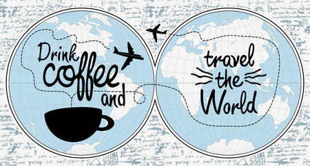 Vector banner with handwritten inscription Drink coffee and travel the world. Illustration with world map, cup of coffee and airplanes on the background of old manuscript in retro style.のイラスト素材