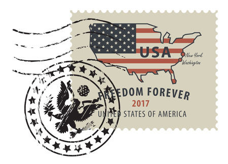 Vector illustration of a USA postage stamp with a postmark in retro style. Map of America in colors of the national flag with inscription Freedom forever.のイラスト素材