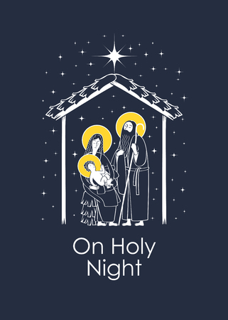 Vector illustration on the theme of Christmas and New Year in flat style. Holy Family and shining Christmas star. Christmas Nativity scene with words On Holy Nightのイラスト素材