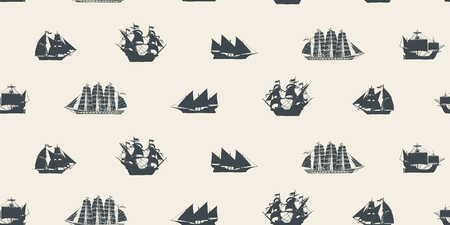 Vector seamless pattern on the theme of sea travel with various sailing ships. Sea objects on a beige background in retro styleのイラスト素材