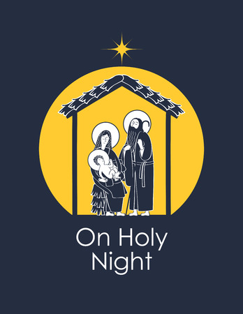 Vector illustration on the theme of Christmas and New Year in flat style. Holy Family and shining Christmas star. Christmas Nativity scene with words On Holy Nightのイラスト素材