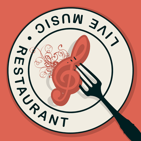 Vector menu or banner for restaurant with live music decorated with white plate and treble clef on a fork on a red background in retro style.のイラスト素材