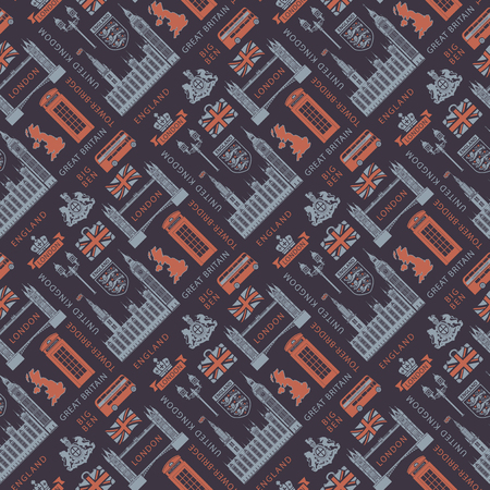 Vector seamless Background on UK and London theme with British symbols, architectural landmarks and flag of the United Kingdom in retro style. Can be used as wallpaper or wrapping paperのイラスト素材