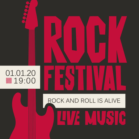 Vector poster or banner for Rock Festival of live music with a red electric guitar on the black background. Rock and roll is aliveのイラスト素材